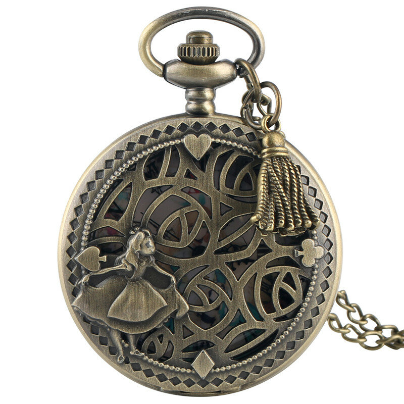 Antique Pocket Watch Hollow-Out Little Girl Design Princess Pattern Quartz Movement Clock for Women Lady with Sweater Chain