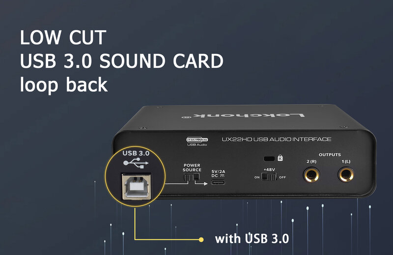 UX22 Audio Interface Soundkarte 24-Bit/192kHz Ad Converter, E-Gitarre Live-Aufnahme Profissão Eller Studio-Gesang, Podcast