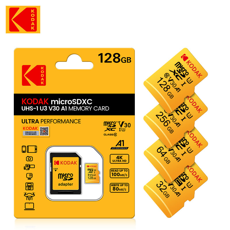 Cartão de memória Kodak-micro sd u3, 32gb, 64gb, 128gb, 256gb, sdxc/sdhc, class 10, para smartphone/câmera