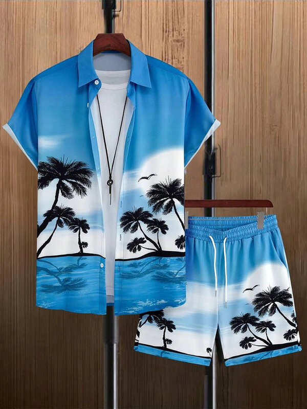 Conjunto de camisa hawaiana de manga corta para hombre, pantalones cortos de playa, cómodos, informales, transpirables, verano, 2024