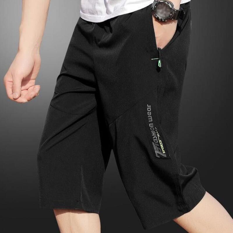 Thin Ice Silk Shorts Soft Breathable Men's Mid-calf Length Trousers with Elastic Waist Zipper Pockets Solid for Comfortable