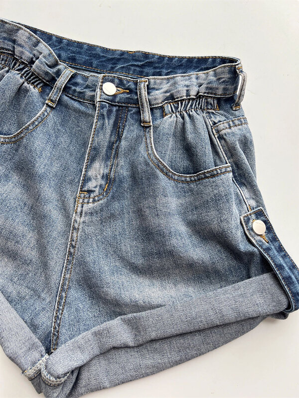 Женские джинсовые шорты с завышенной талией, широкие синие шорты в стиле Харадзюку, уличная одежда в Корейском стиле, повседневные трапециевидные джинсовые шорты Y2k, лето 2023