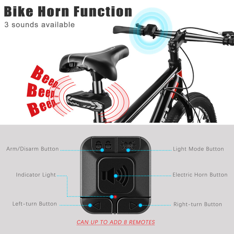 Awapow-Anti-Theft Bike Taillight Alarm, 5 em 1 alarme de bicicleta, IP54 impermeável, controle remoto Bike Tail Light com piscas