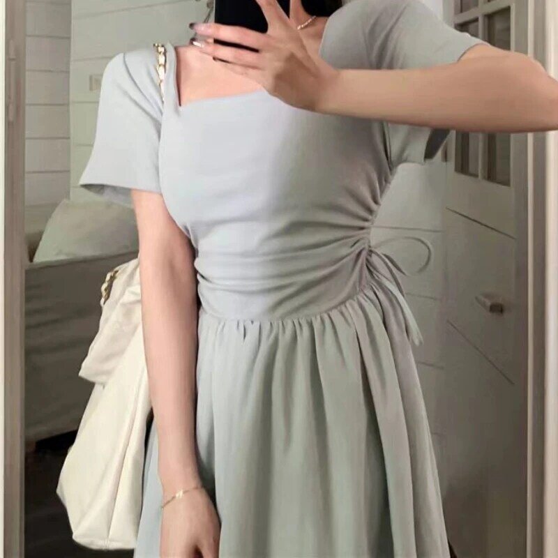 HOUZHOU Elegant Party Dresses for Women Casual Blue Korean Chic Slim Square Long Dress Bodycone Short Sleeve Vacation Dress