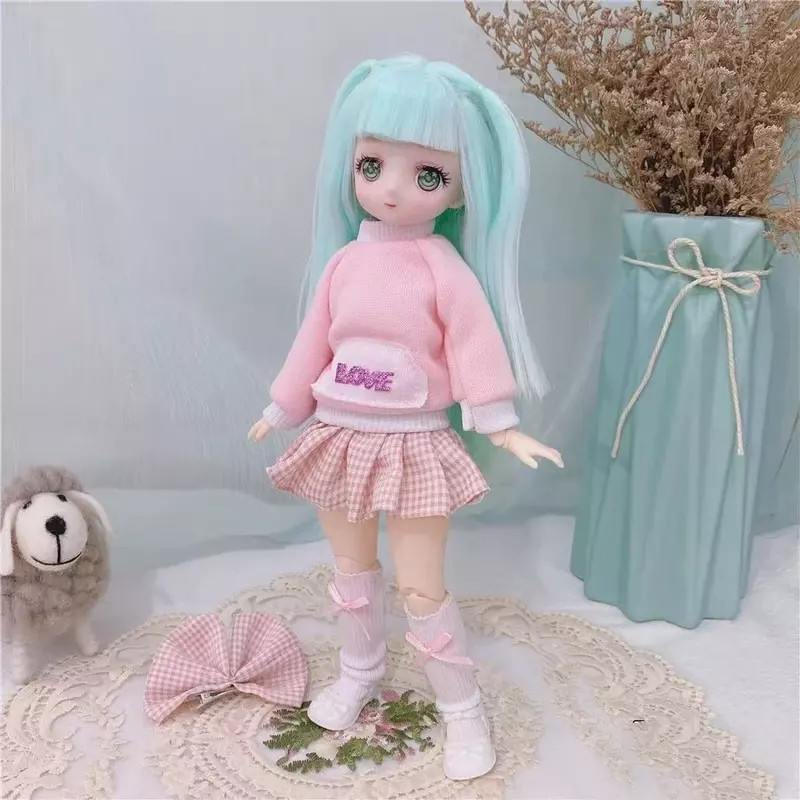 BJD boneka anak perempuan 30cm Kawaii 6 poin, boneka bisa digerakkan dengan pakaian mode gaun rambut lembut mainan anak perempuan hadiah ulang tahun baru