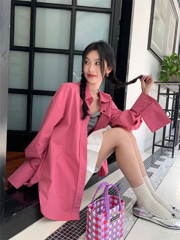 Deeptown Y2K Harajuku różowa bluzka damska koreańska moda Oversized zapinana koszule biurowa damska luźna codzienna eleganckie koszule Streetwear