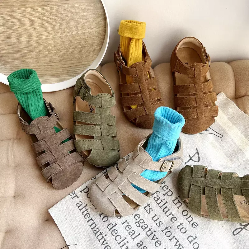 Korean Children Solid Color Shoes 2024 Spring Summer Retro Style British Boys and Girls Casual Shoes Frosted Leather Sandals