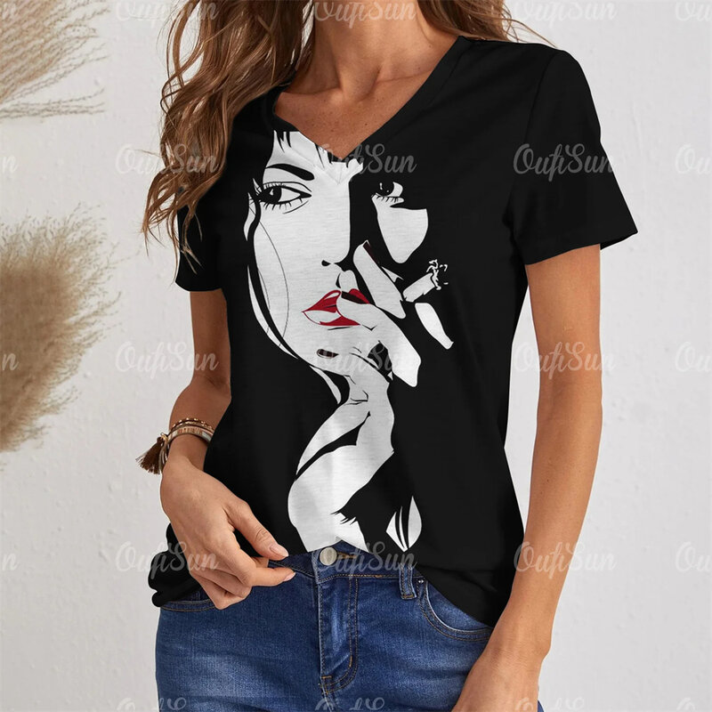 Modne damskie t-shirty abstrakcyjne z krótkim rękawem koszulki elegancja dekolt w szpic odzież damska luźny Plus rozmiar prostota sweter