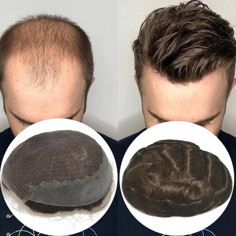 Urządzenie do włosów dla mężczyzn peruka z ludzkich włosów Q6 koronka i podstawa pu 30MM System wymiany fali proteza do włosów topee męskie treski