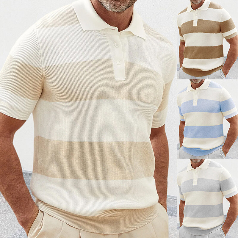 Рубашка-поло мужская Трикотажная в полоску, с коротким рукавом, на пуговицах