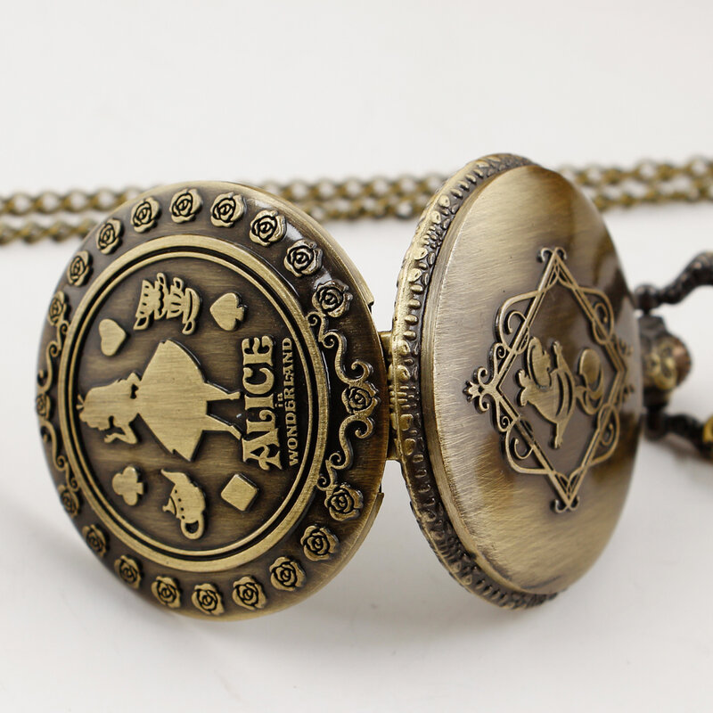 Vintage Bronze Alice Pocket Watch Arabic Numerals Quartz Necklace Pendant Retro Fob Watches Creative Gift for Girl Women