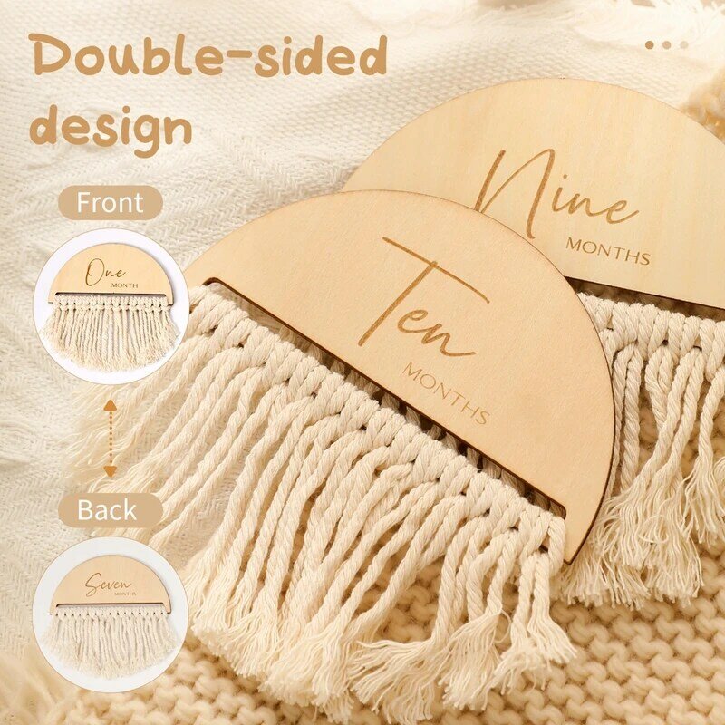 7pcs/set Wooden Baby Monthly Milestone Cards Tassel Double Sided Wooden Baby Engraved Age Photography Accessories Souvenir Gifts