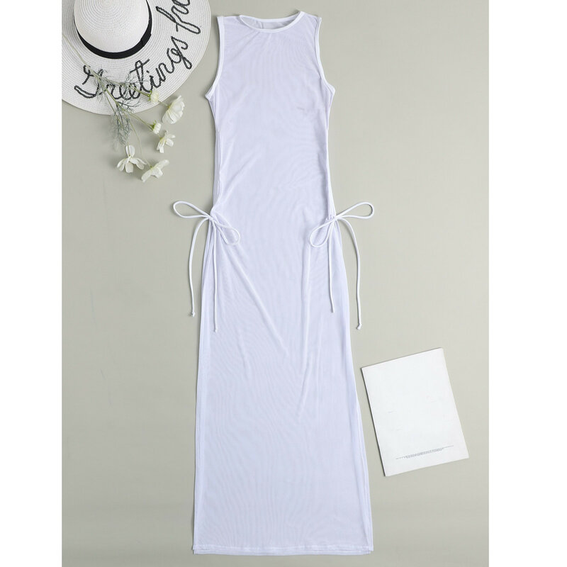 Vestido transparente de malla para mujer, traje de baño Sexy con abertura alta y cordones, ropa de playa, 2024