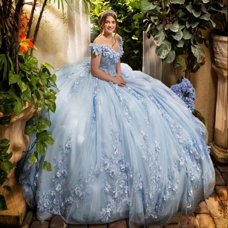 Sky Blue V-Neck Ball Gown Quinceanera Dresses Off The Shoulder Appliques Lace Flowers Vestido De 15 Anos Sweet 16