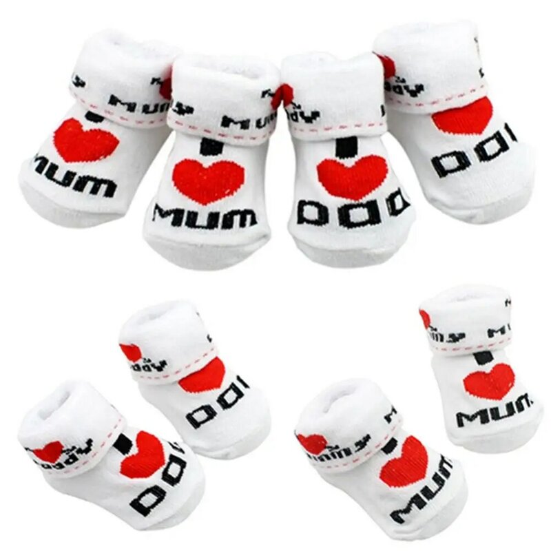 Calcetines bonitos de algodón para bebé, medias blancas de I Love Mum/Dad, para recién nacido de 0 a 6 meses, para niño y niña, calentador de piernas