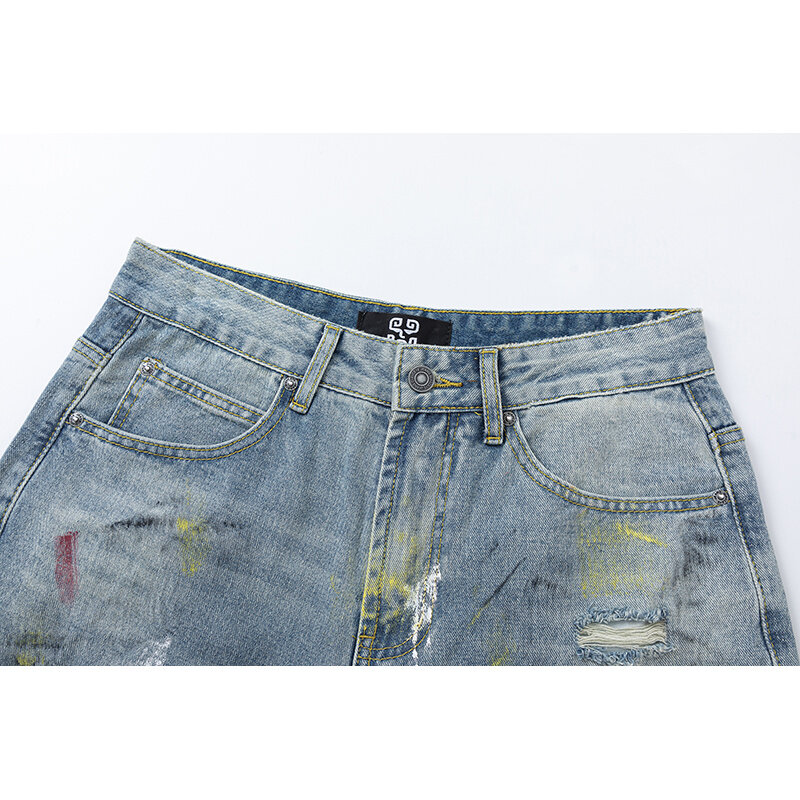 Y2K dicuci gaya Amerika pribadi dicetak jeans Pria nyata tren robek high-end Korea lurus celana kaki lebar