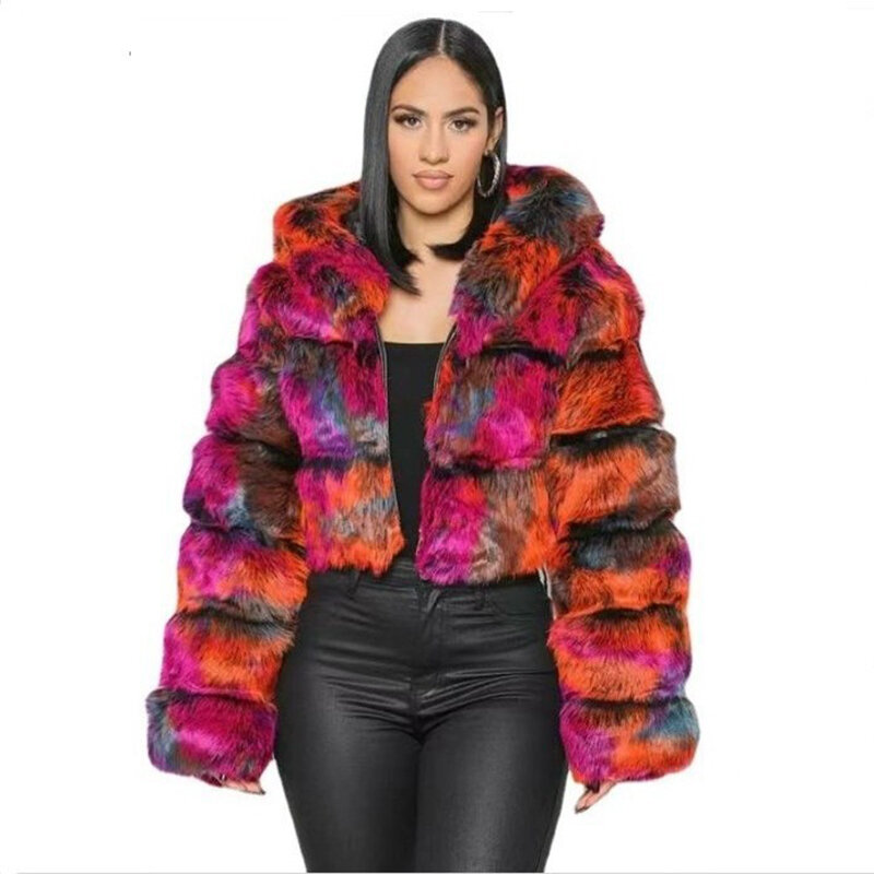 Черные меховые пальто для женщин, Зимняя Толстая теплая пушистая куртка с капюшоном, рифленый укороченный топ на молнии, короткие пушистые пальто