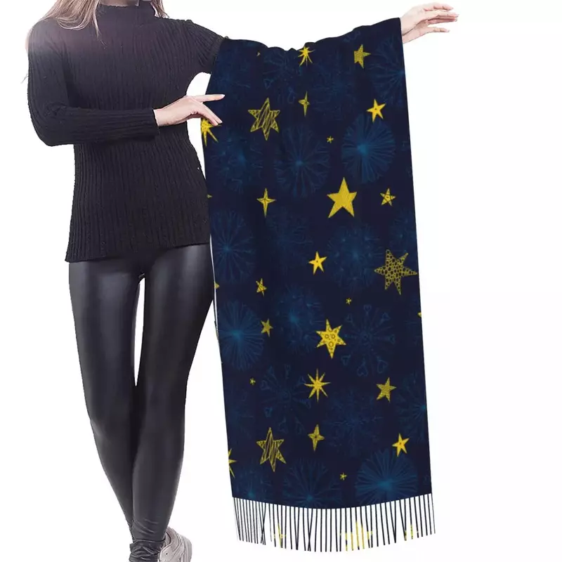 Cute Winter Snowflakes And Stars Scarf Winter Long Large Tassel Scarves Soft Wrap Pashmina
