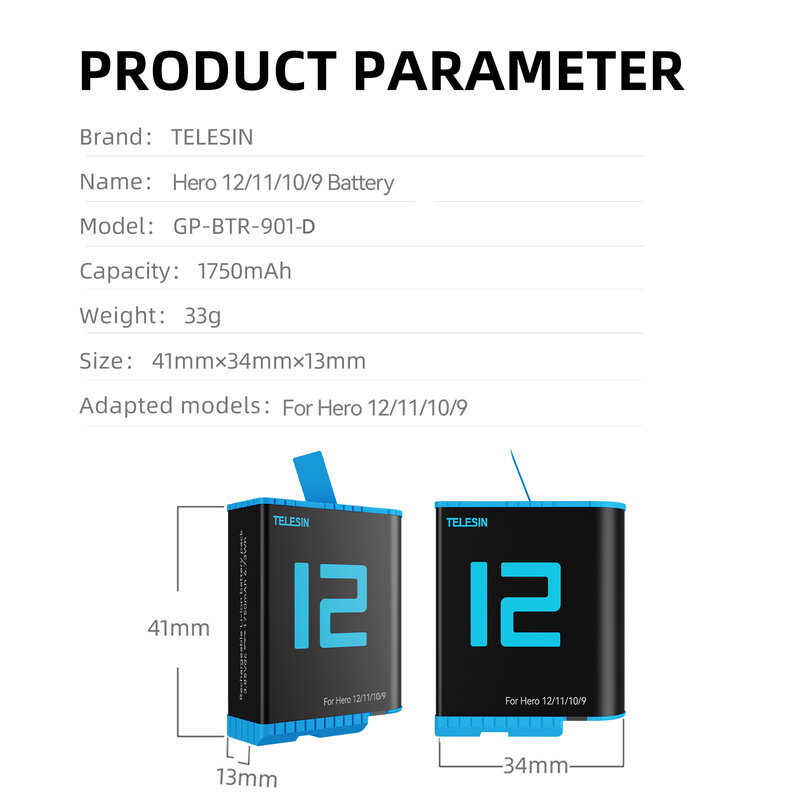 TELESIN-Boîte de rangement de batterie pour GoPro, chargeur de lumière LED, carte TF, 3 emplacements, 12, 11, 10, 9, 1750 mAh