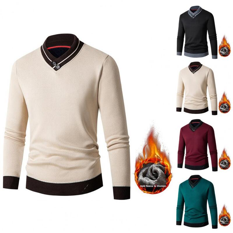 Sweater Slim Fit leher V pria, pakaian dalam rajut Pullover hangat tebal warna kontras untuk musim gugur