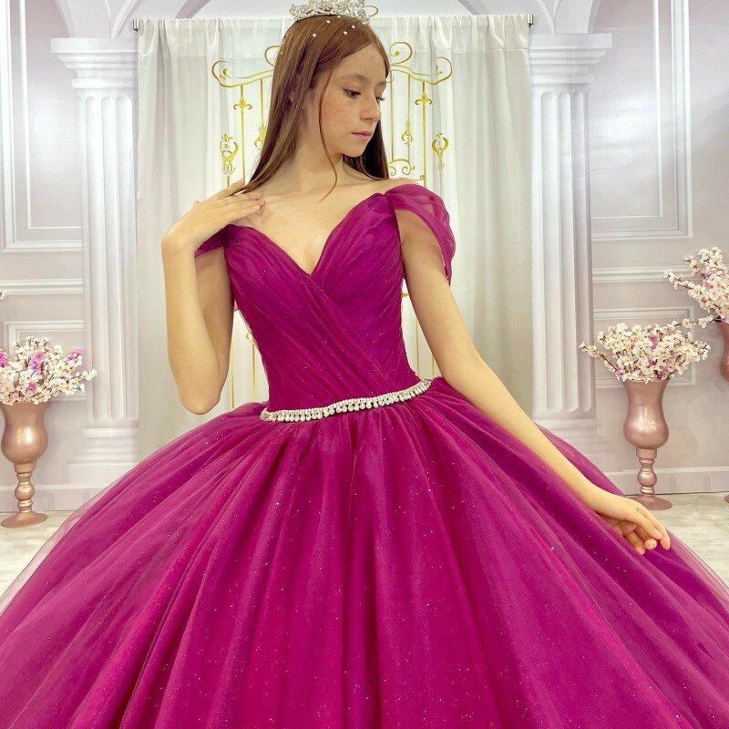 Doymeny Sequined Princess Quinceanera Dress Off the Shoulder Ruffles Beading Tulle Sweet 15 Girls Pleat Crystal Ball Party Gowns