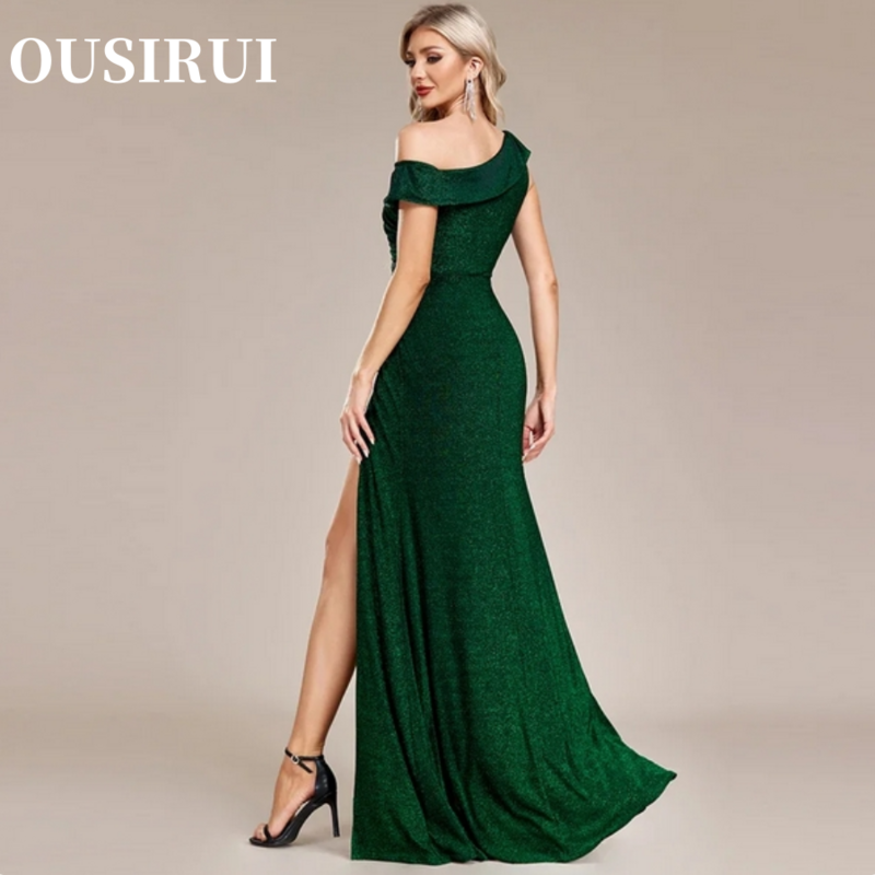 Vestido de fiesta de punto elástico de hilo plateado brillante para mujer, Vestido largo de sirena verde, un solo hombro, vestido de noche largo lateral