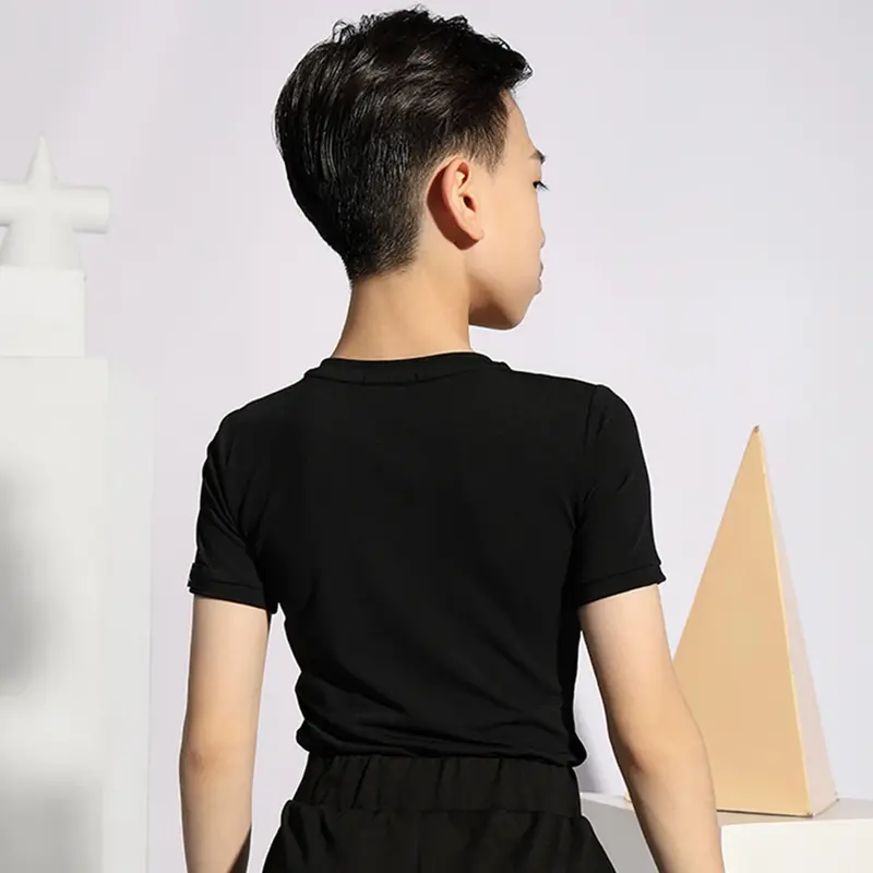 Short Sleeve Kids Latin Dance Tops Professional V Neck Design Male Latin Dancing T Shirt Belly Ballroom Tango Dresses