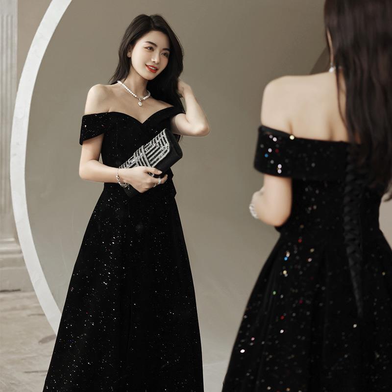 Harajpoo Fashion One Shoulder Black Host Evening Dress Banquet Style 2024 New Starry Velvet Spring Long Style Wedding Vestidos