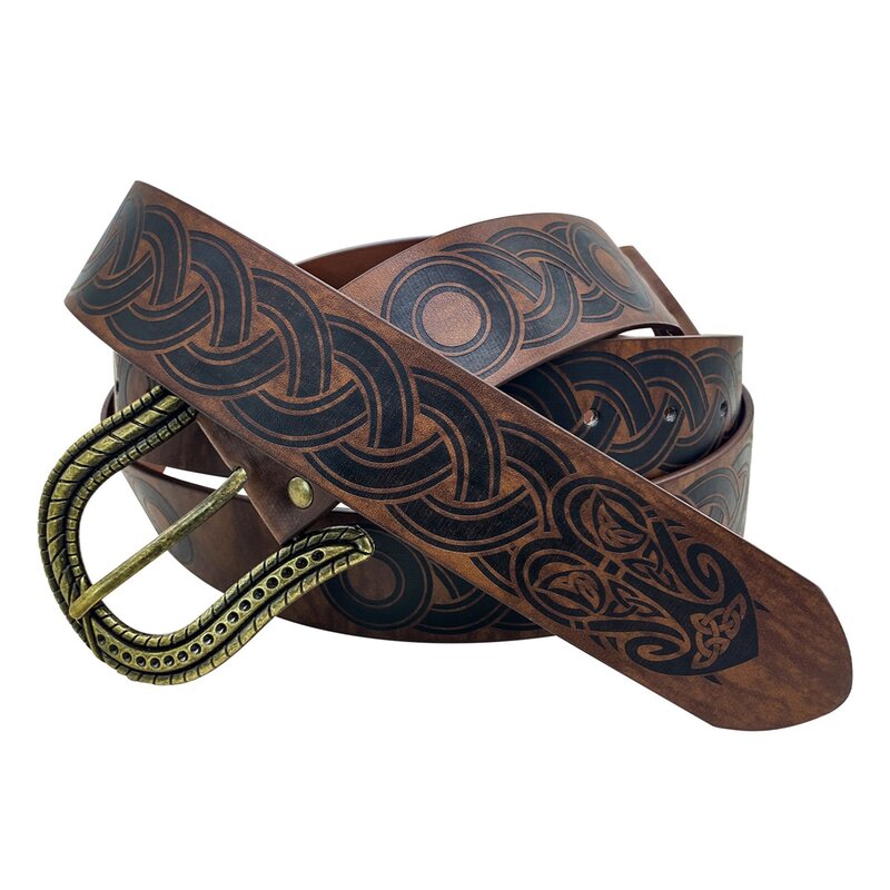 Cinturón de piel sintética con hebilla en relieve nórdico, cinturón Medieval Retro Para disfraz de Cosplay de LARP, cabeza de serpiente marrón