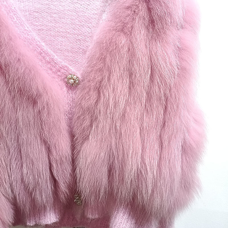 Women Spring Short Knitted Cardigan Coat With Real Fox Fur Fur Loose Fashion Natural Fox Fur Jacket Female Sweaters