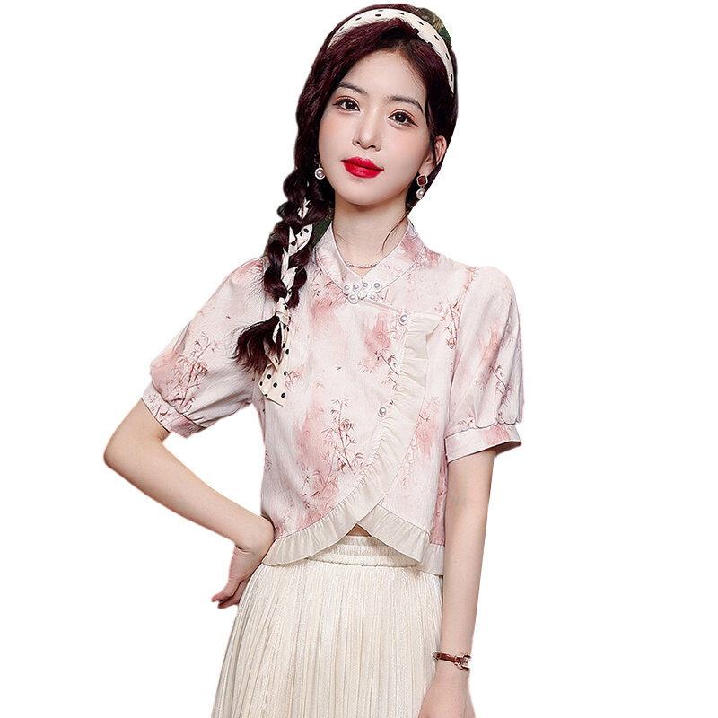 Miiiix atasan bercetak kancing Cina baru desain pendek musim panas wanita dengan kemeja sifon renda tepi lipit pakaian wanita 2024