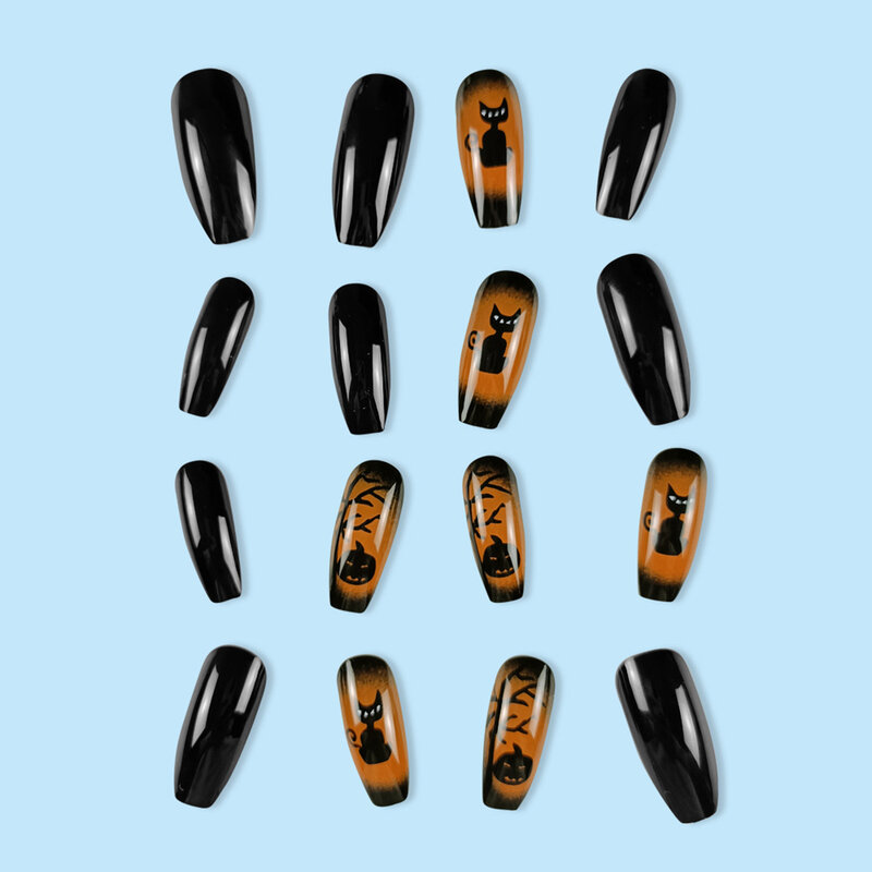 할로윈 다크 캣 프린트 가짜 손톱, 매니큐어 애호가 및 뷰티 블로거용, 칩 얼룩 방지 가짜 손톱
