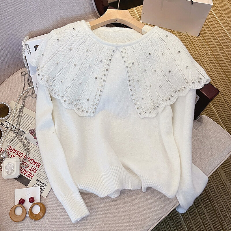 Sweter Wanita Rajutan Putih Bermanik-manik Pullover Musim Gugur Ramping Lengan Panjang Elegan Menarik Atasan Pakaian Luar