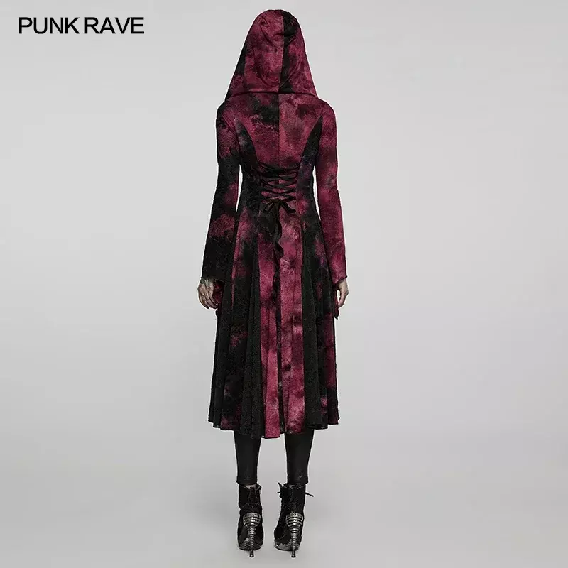 PUNK RAVE Women's Goth Dark Wizard Long Coat Knitted Jacquard Tie Dyed Halloween Cardigan Hat Jackets Engraved Buckle Clothing