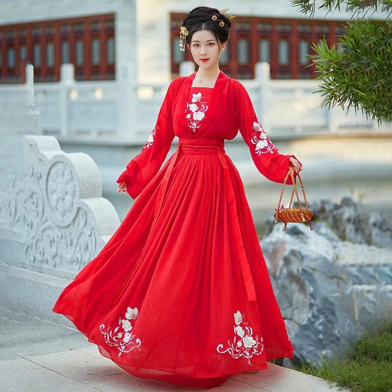 Hanfu ชุดเต้นรำงานเลี้ยงผู้หญิงของแท้ชุดเดรสงานวันเกิดสีแดงล้วนปักที่เอวสูง