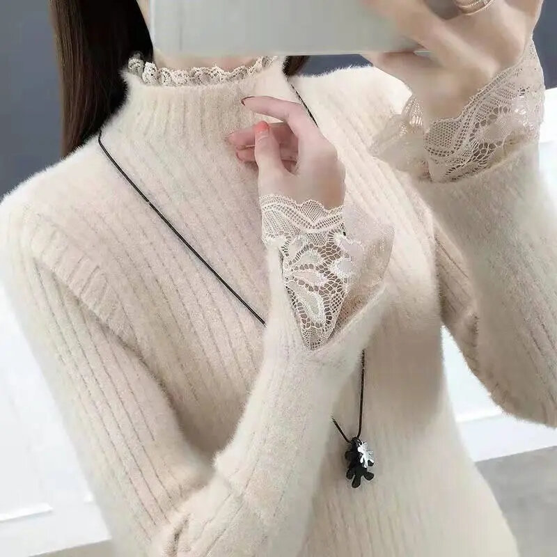 여성용 한국 패션 슬림 스웨터, 레이스 디자인 터틀넥, 따뜻한 기본 긴팔 상의, 여성용 스웨터, 겨울 의류