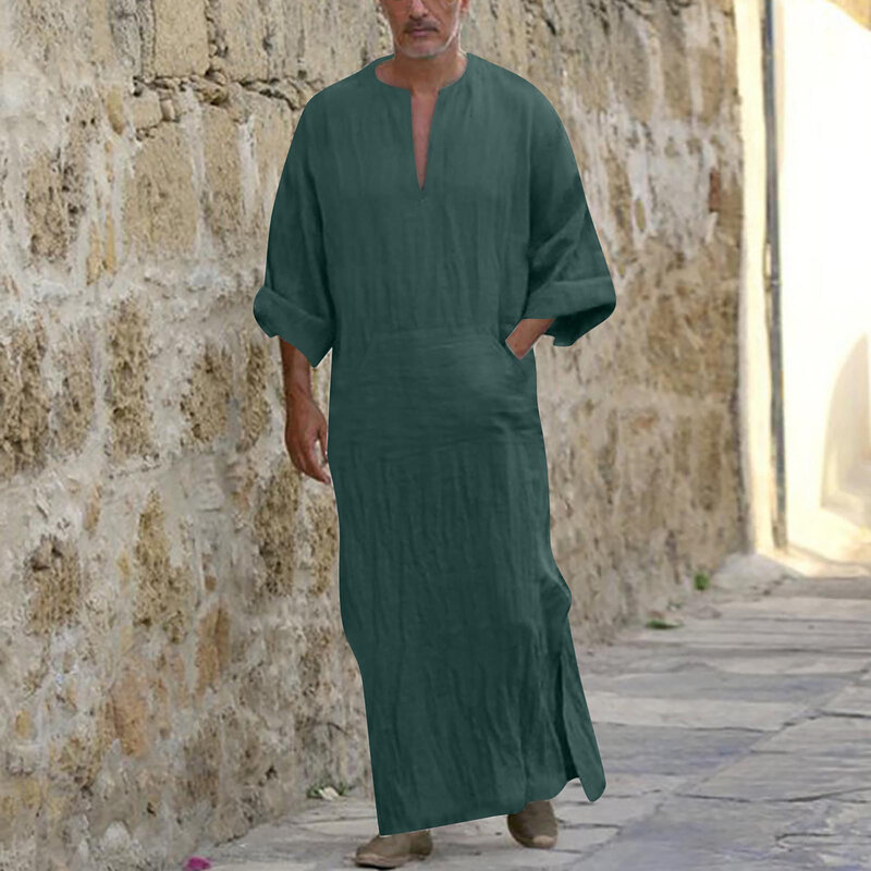 Męski arabski długie szaty saudyjski męski lniany Kaftan środkowy islamska odzież moda muzułmańska arabska Abaya sukienka dubajska suknia