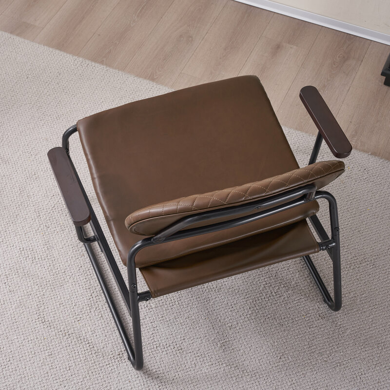 Wygodne nowoczesne ciemnobrązowe tapicerowane krzesło akcentujące z metalową ramą i owalnym oparciem z kratką, stylowy fotel do salonu