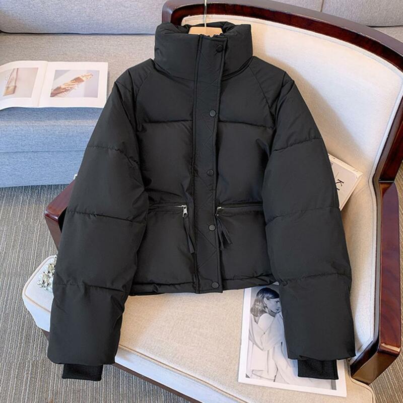 Women Winter Cotton Coat Thickened Padded Solid Stand Collar Neck Protection Short Windproof Long Sleeve Lady Down Coat Jacket