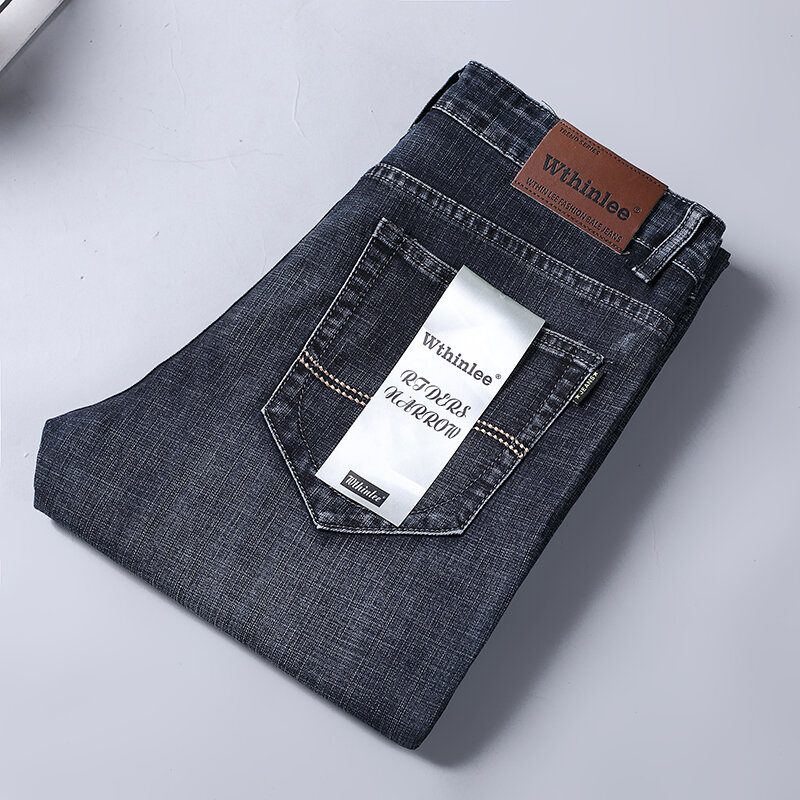 Стрейчевые Модные мужские классические синие деловые джинсовые брюки, Мужская брендовая одежда WTHINLEE, размеры 28-40