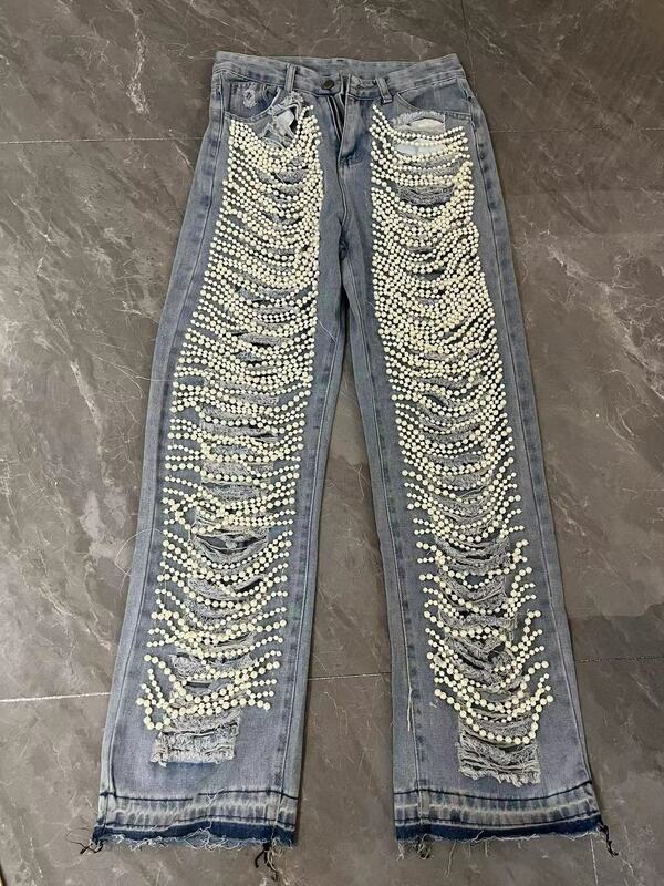 Beachapche Jeans lurus wanita celana Denim jalan tinggi katun mode pinggang tinggi polos berlian imitasi mutiara lubang