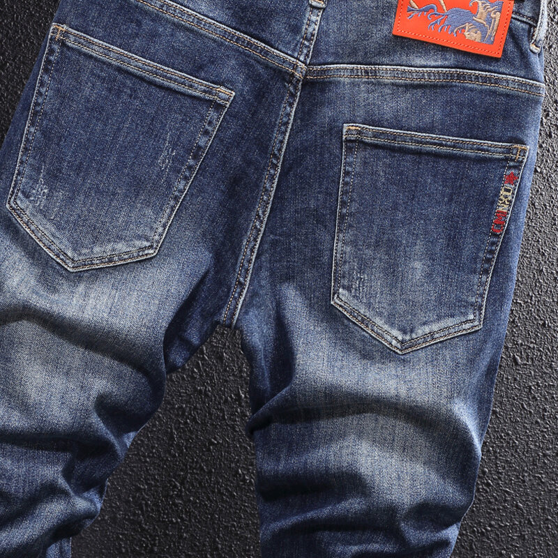 Pantalones vaqueros para Hombre, Jeans elásticos, ajustados, bordados de diseñador, informales, Vintage, azul, nueva moda