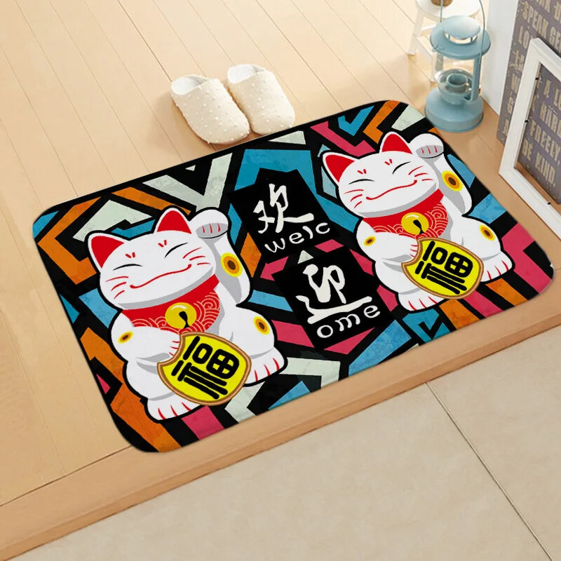 Keset kartun kucing keberuntungan gaya Jepang, karpet anti licin untuk ruang tamu, Kamar tidur, keset lantai kucing lucu
