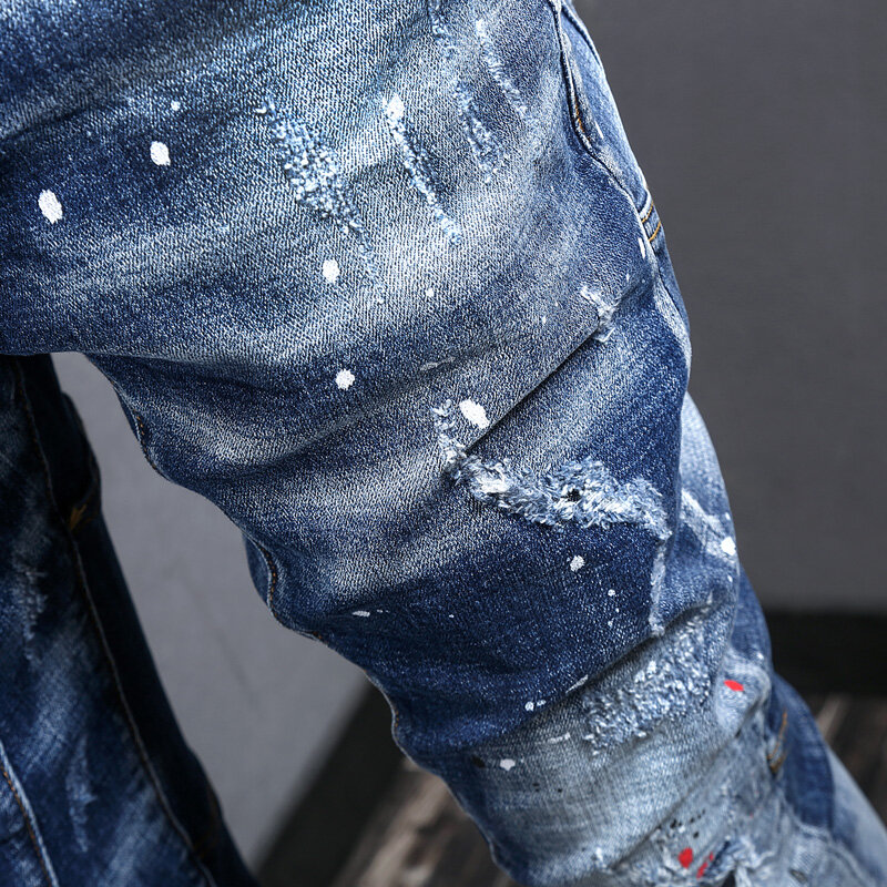 Streetwear กางเกงยีนส์ผู้ชายแฟชั่น Retro Blue Elastic Slim Fit Spliced Designer Biker กางเกงยีนส์ Hip Hop ทาสี Denim กางเกง
