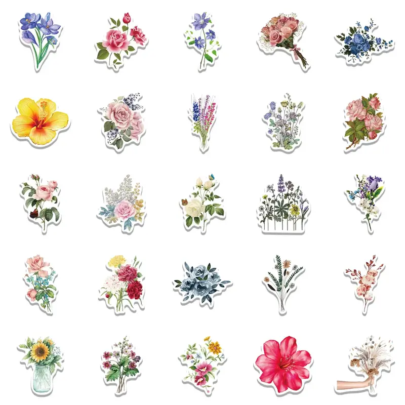 50PCS  Beautiful Colorful Flowers Blooms Memo Stickers for Laptop Car Skateboard Helmet Suitcase Stationery gift For kids
