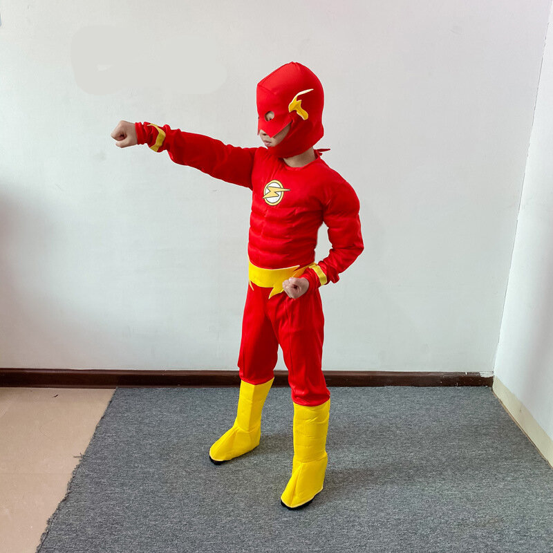 Kostum Flash Mewah Anak Laki-laki Kostum Flash Halloween Pesta Karnaval Film Anak-anak Kostum Cosplay Flash Sabuk Masker dengan Sepatu 3-12Y