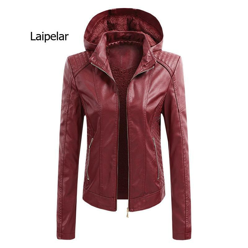 2021 novas jaquetas de couro do plutônio do falso com capuz outerwear bolsos com zíper casaco fino biker jaqueta azul vermelho das mulheres roupas