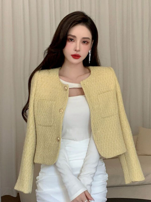 Luxury Small Fragrance High-end Cropped Tweed Jacket Women Woolen Coat Single-breasted Spring Autumn Clothes Coat Korean Fashion