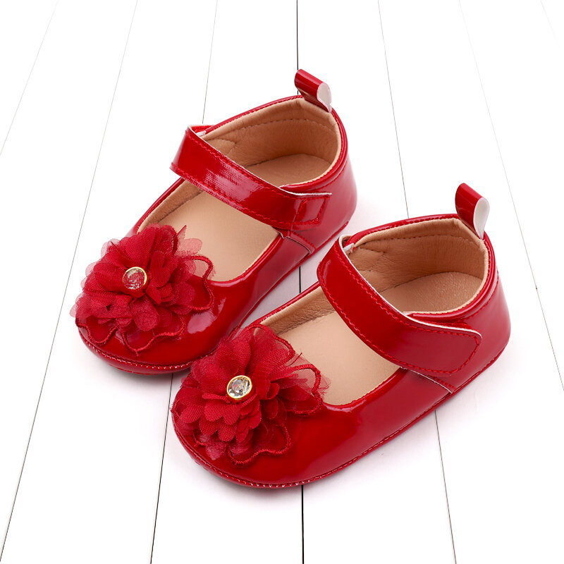 Zapatos planos de PU para bebé niña, calzado de cuna para primeros pasos, con flores, para fiesta, Festival, Baby Shower