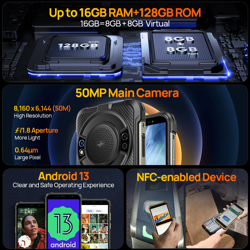 【2024 New】Ulefone Power Armor 16S ,NFC 16GB RAM 128GB ROM,50MP Camera, 9600mAh ,122dB Loudest Speaker,  Global Version ,Android